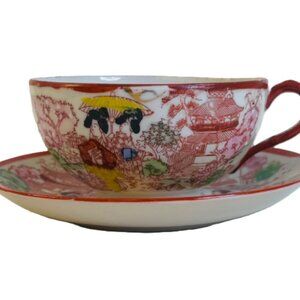 Teacup and Saucer Geisha Girls Delicate Bone China Hand Painted Vintage Japan